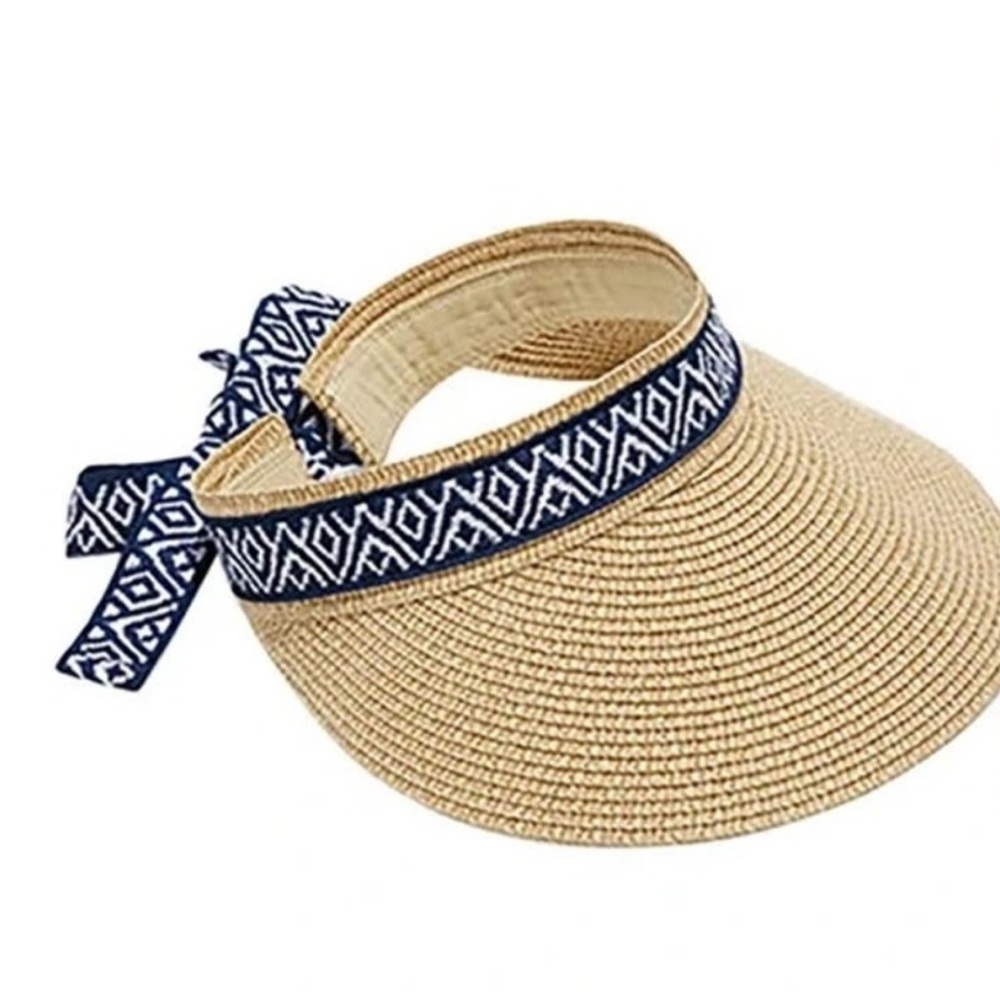 Sea & Grass Wicker Straw Embroidered Trim Sun Visor Beach Hat NWT